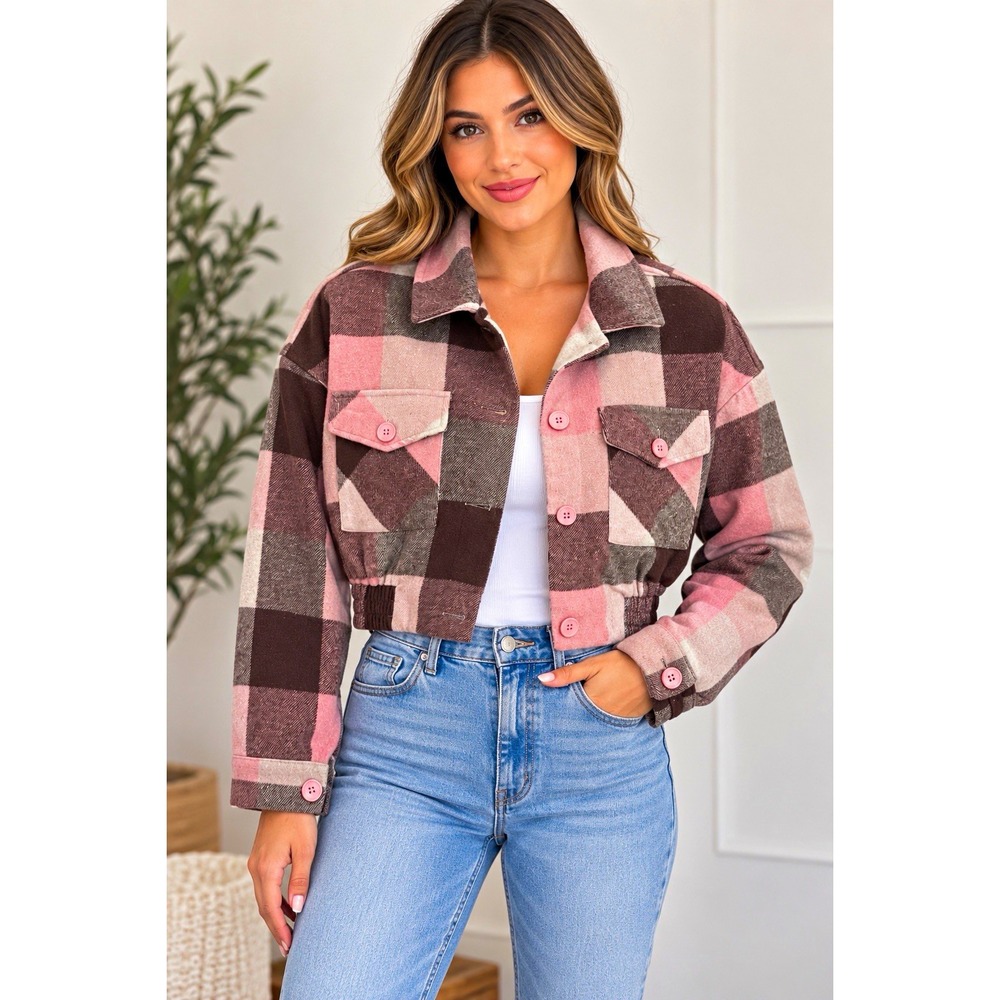 TIMING Womens Plaid Cropped Jacket S Pink Brown Button Front WJ82289A